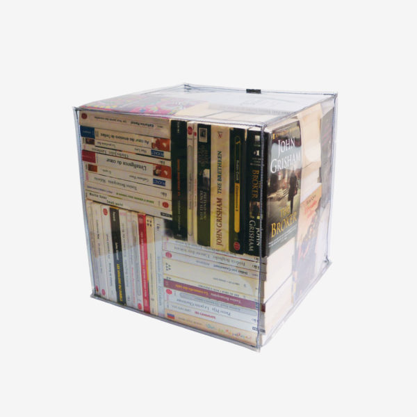 pouf transparent rempli de livres reversible eco design