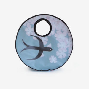 sac cabas rond en bâche publicitaire bleu avec oiseau.