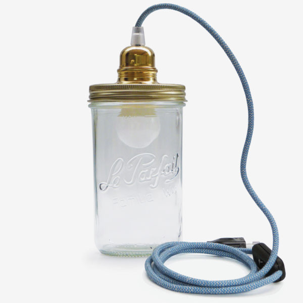 lampe bocal recycle le parfait fil bleu couvercle doré