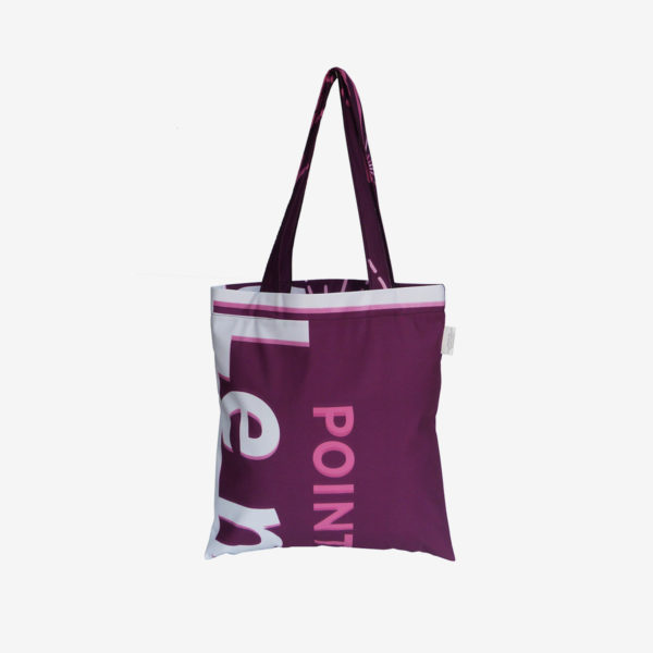 16 Dos de tote bag en toile publicitaire prune et graphique.