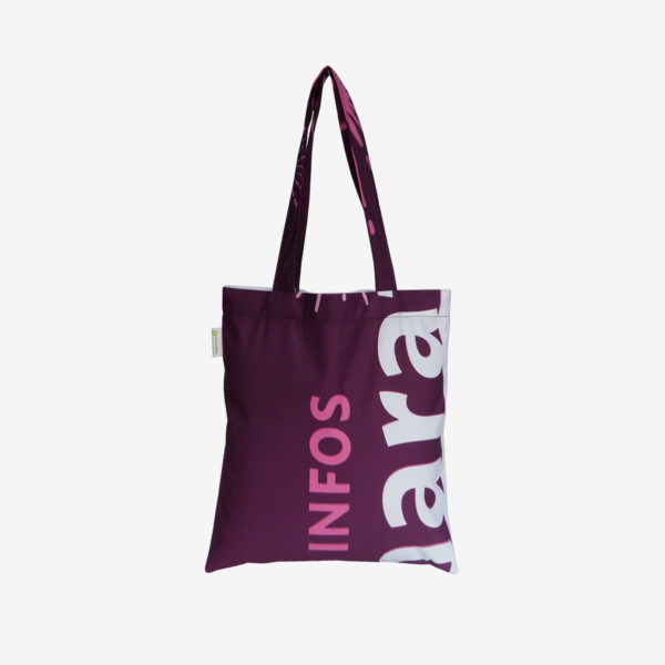 16 Tote bag en toile publicitaire recyclée prune et graphique.