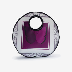 Sac rond tons violet. Upcycling des bâches publicitaire en cabas rond. Economie circulaire et fabrication Française.
