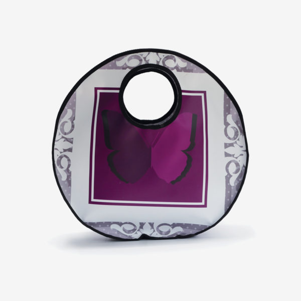 Sac rond tons violet. Upcycling des bâches publicitaire en cabas rond. Economie circulaire et fabrication Française.