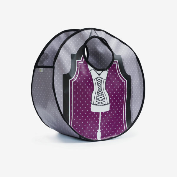 Sac rond tons violet. Upcycling des bâches publicitaire en cabas rond. Economie circulaire et fabrication Française.
